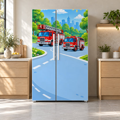 Fire Trucks fridge wrap on a side-by-side refrigerator