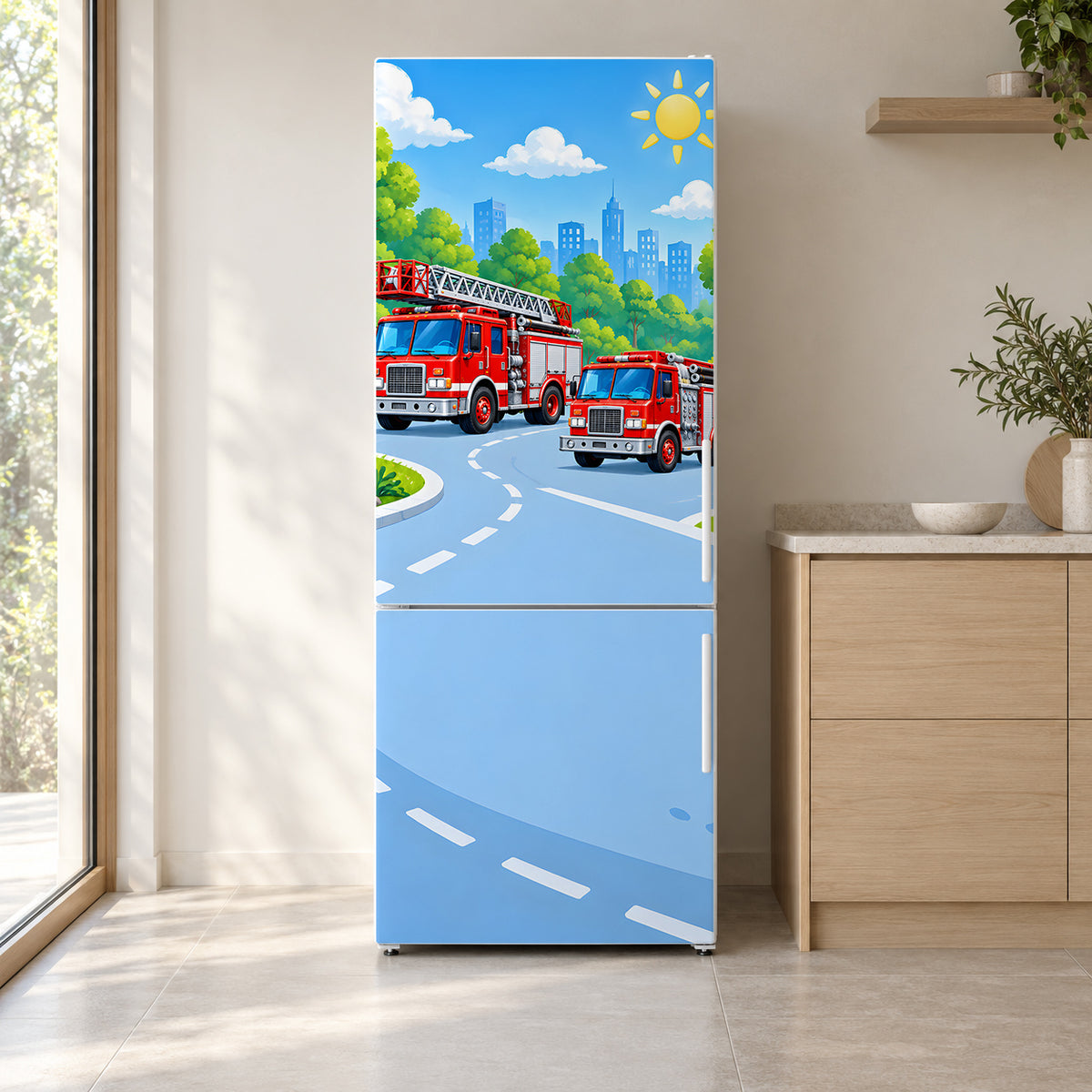 Fire Trucks fridge wrap on a white refrigerator in a bright kitchen