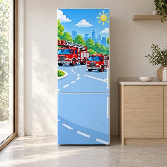 Fire Trucks fridge wrap on a white refrigerator in a bright kitchen