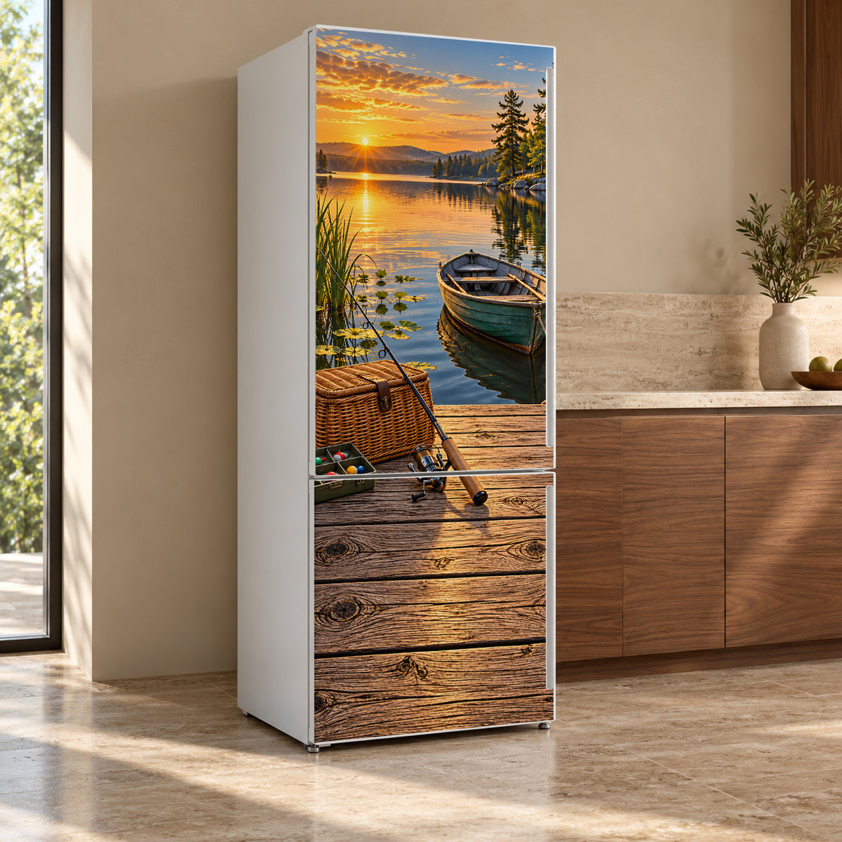 Fishing Dock fridge wrap, refrigerator shown at an angle