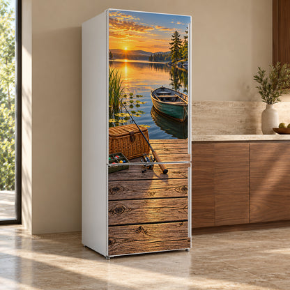 Fishing Dock fridge wrap, refrigerator shown at an angle