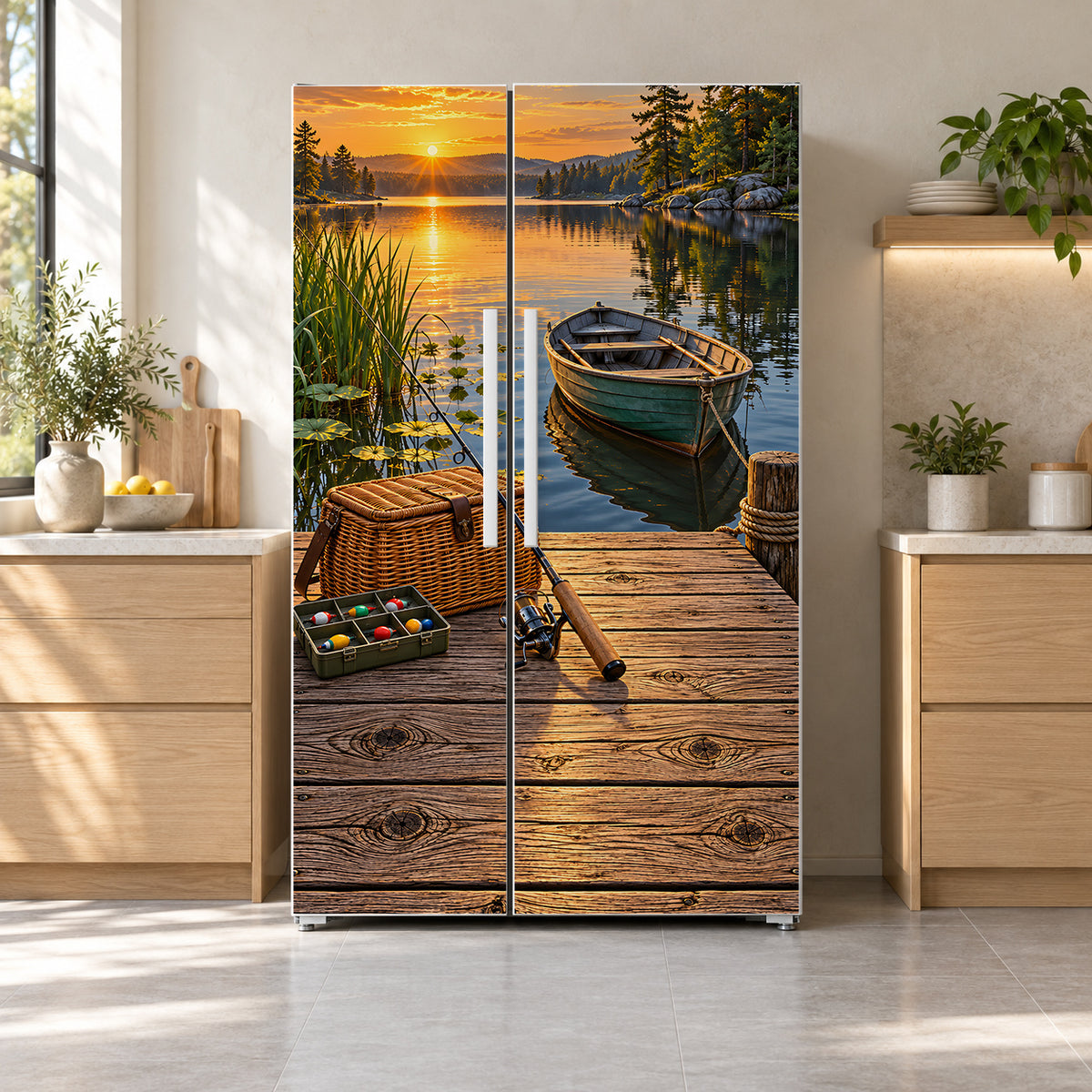 Fishing Dock fridge wrap on a side-by-side refrigerator