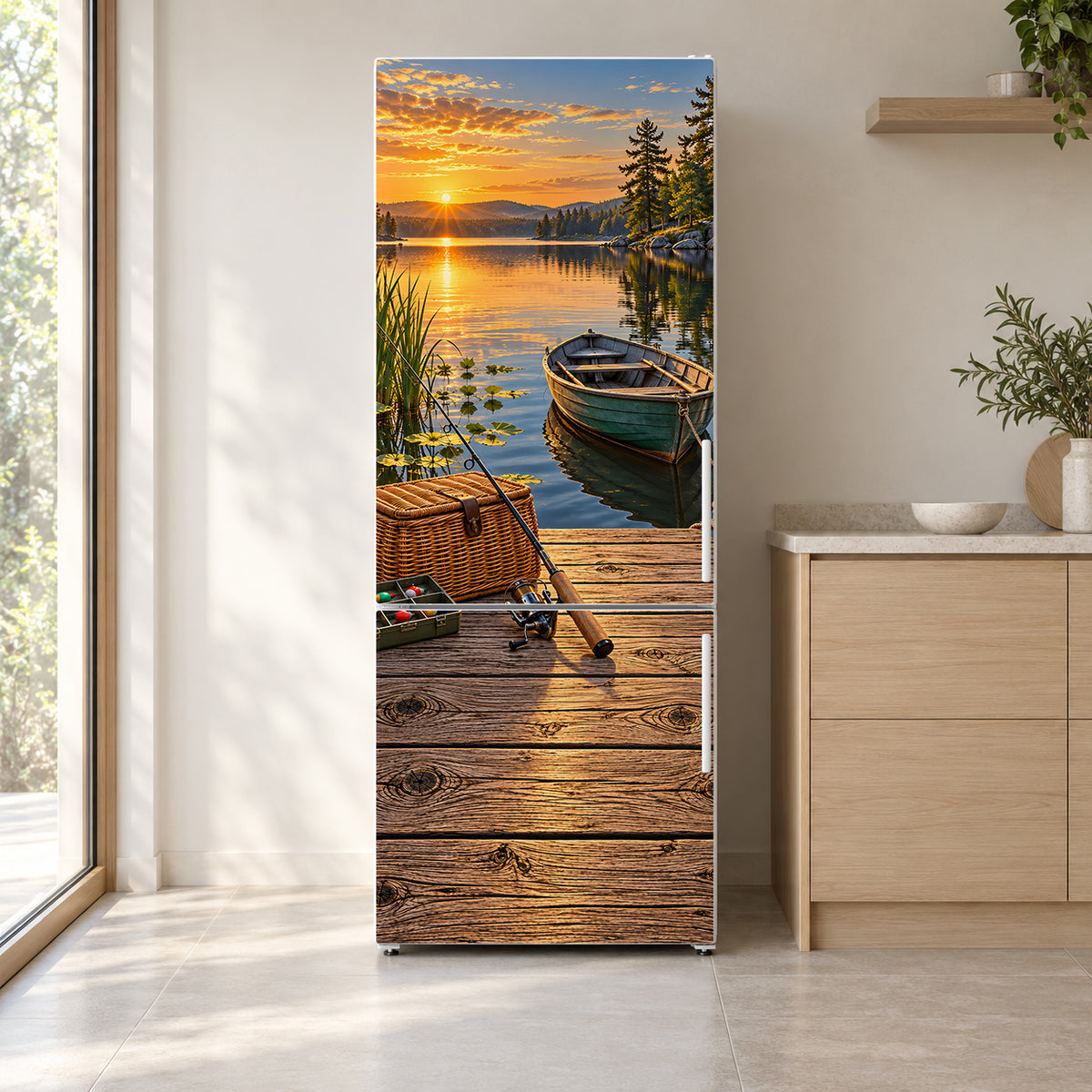 Fishing Dock fridge wrap on a white refrigerator in a bright kitchen