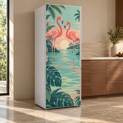 Flamingos fridge wrap, refrigerator shown at an angle