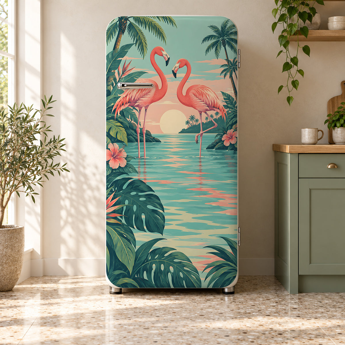 Flamingos fridge wrap on a retro refrigerator