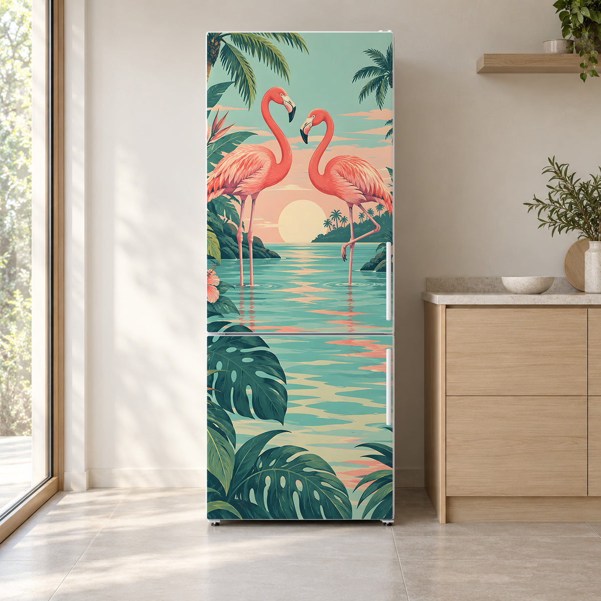 Flamingos fridge wrap on a white refrigerator in a bright kitchen