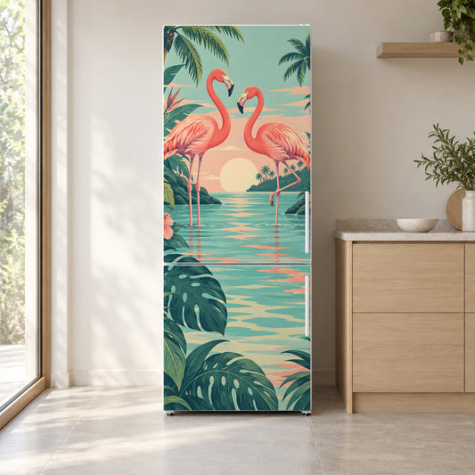 Flamingos fridge wrap on a white refrigerator in a bright kitchen