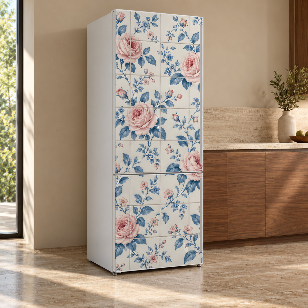Floral Wallpaper Tile fridge wrap, refrigerator shown at an angle