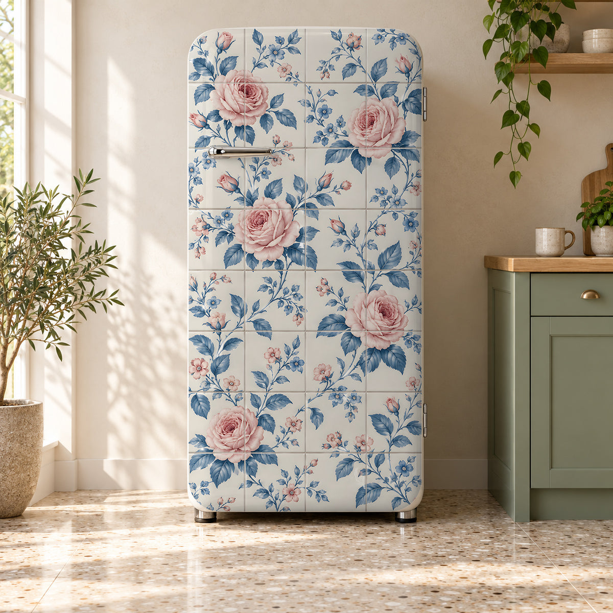 Floral Wallpaper Tile fridge wrap on a retro refrigerator