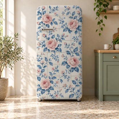 Floral Wallpaper Tile fridge wrap on a retro refrigerator