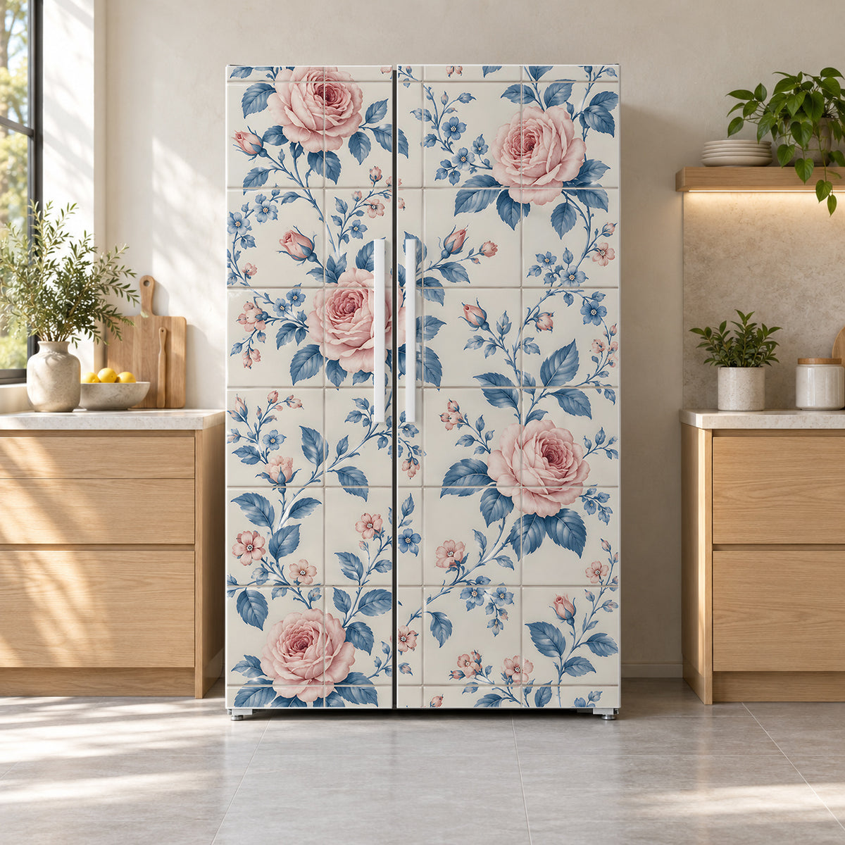 Floral Wallpaper Tile fridge wrap on a side-by-side refrigerator