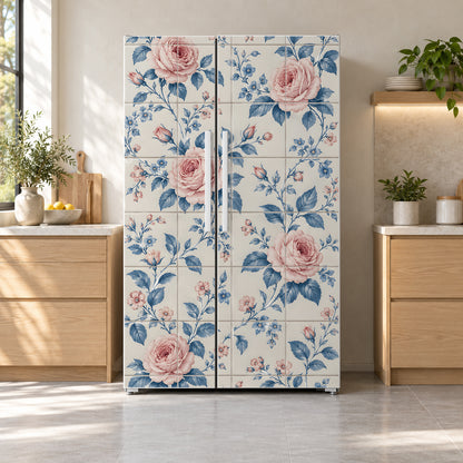 Floral Wallpaper Tile fridge wrap on a side-by-side refrigerator