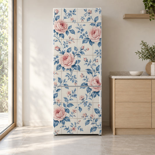 Floral Wallpaper Tile fridge wrap on a white refrigerator in a bright kitchen