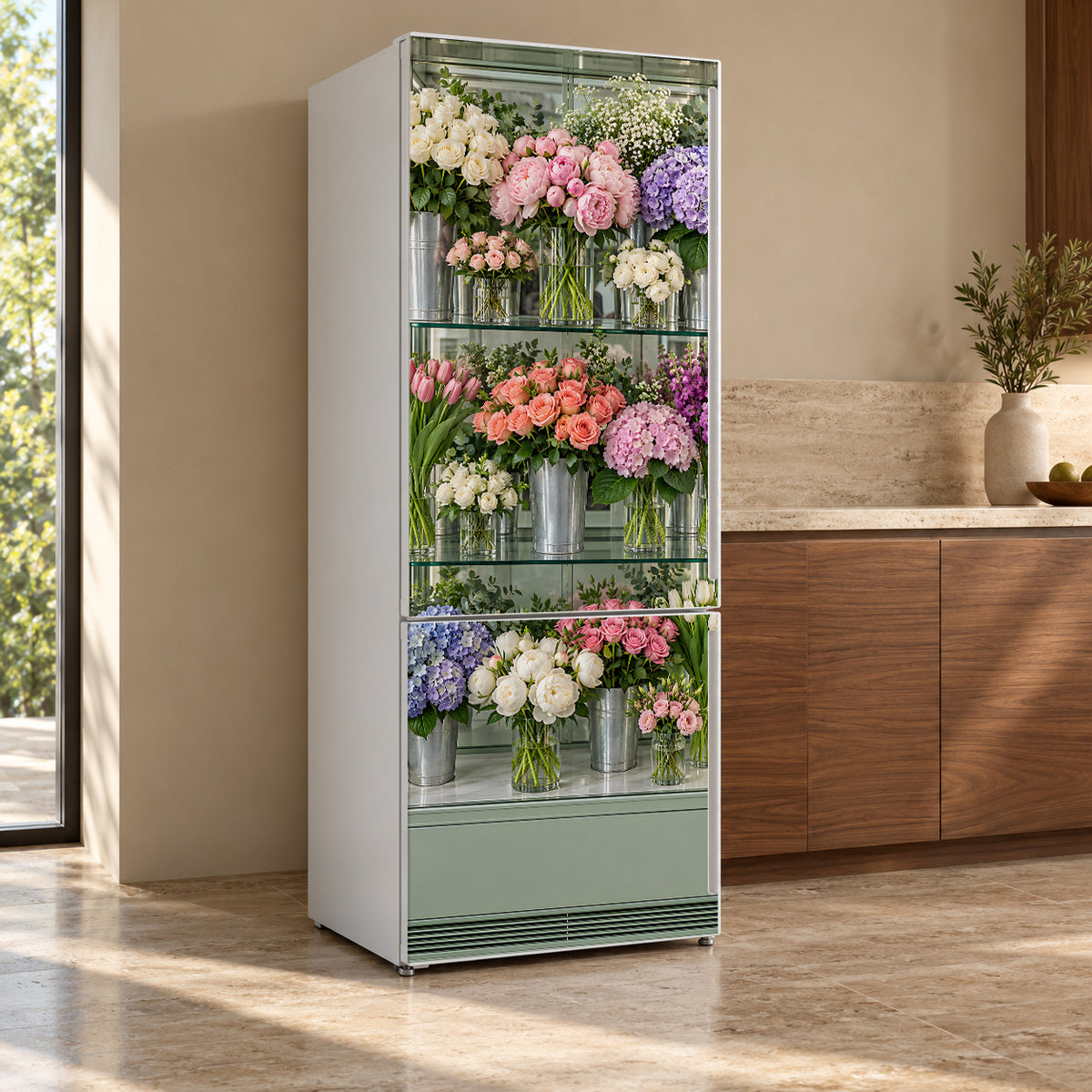 Florist Flower Cooler fridge wrap, refrigerator shown at an angle