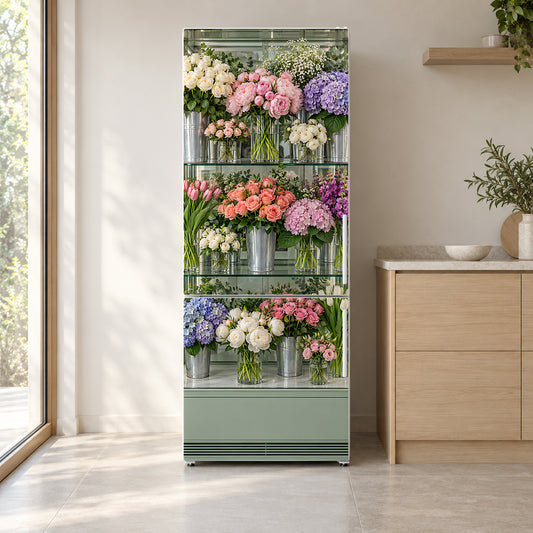 Florist Flower Cooler fridge wrap on a white refrigerator in a bright kitchen