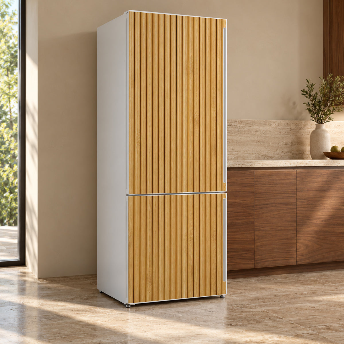 Fluted Oak fridge wrap, refrigerator shown at an angle