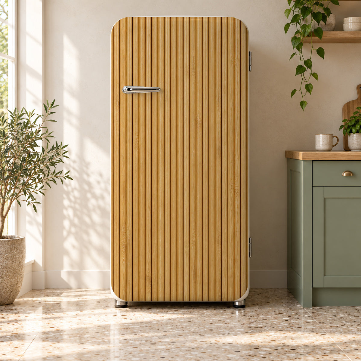 Fluted Oak fridge wrap on a retro refrigerator