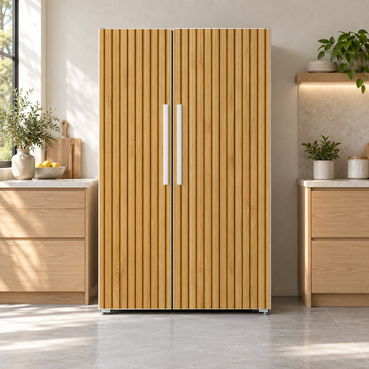 Fluted Oak fridge wrap on a side-by-side refrigerator