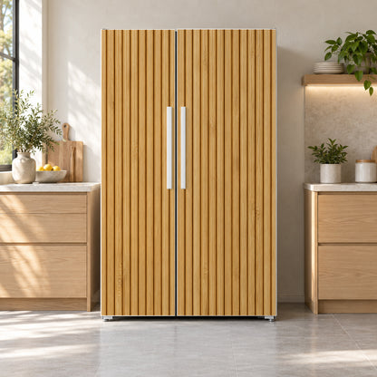 Fluted Oak fridge wrap on a side-by-side refrigerator