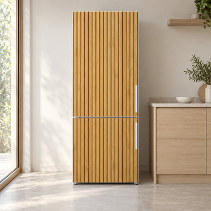 Fluted Oak fridge wrap on a white refrigerator in a bright kitchen