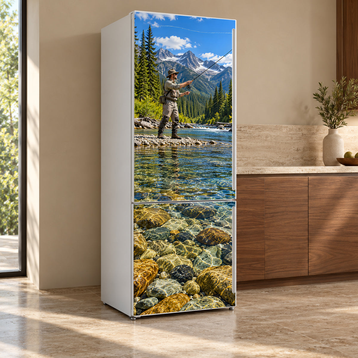 Fly Fishing Trout Stream fridge wrap, refrigerator shown at an angle