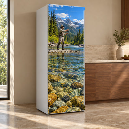 Fly Fishing Trout Stream fridge wrap, refrigerator shown at an angle