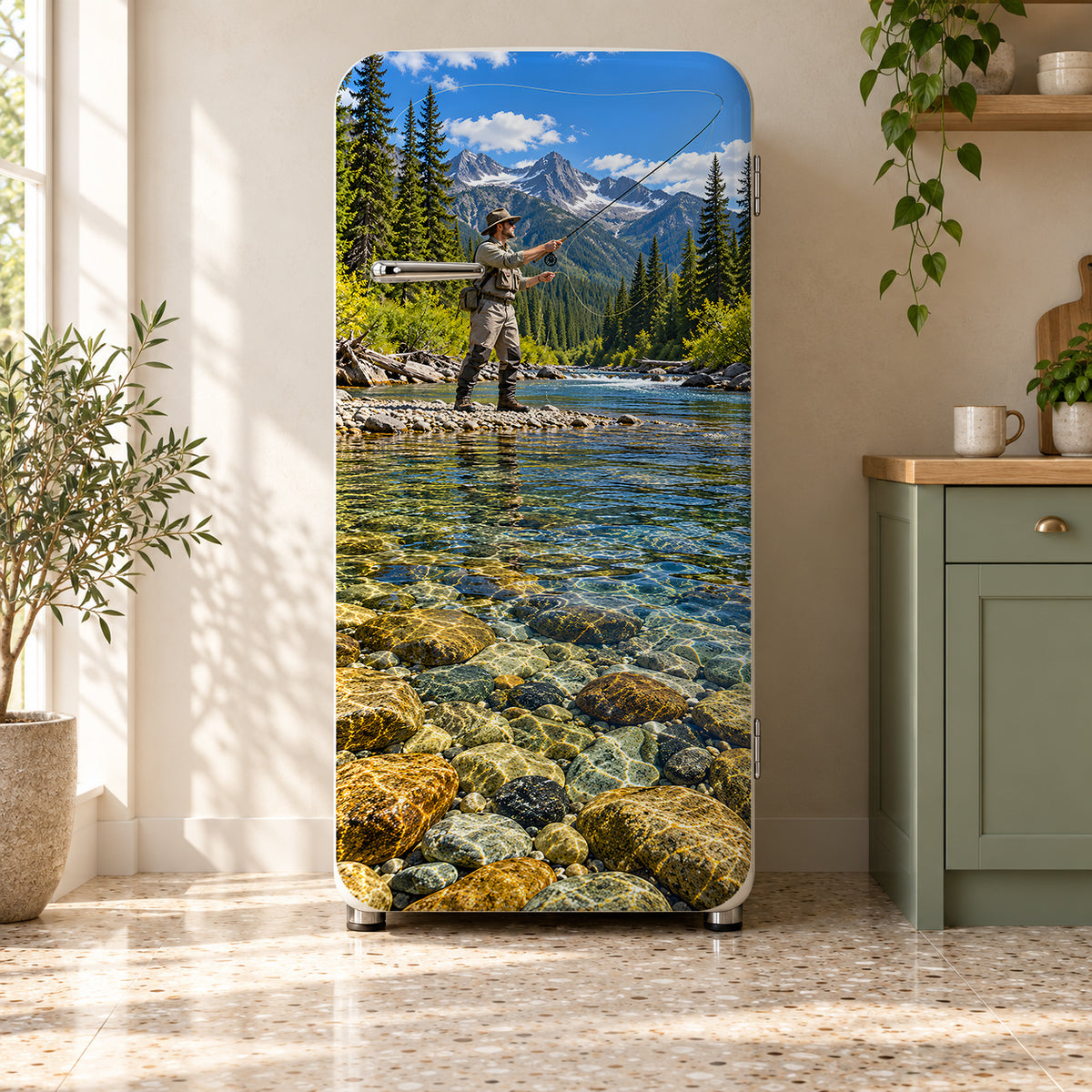 Fly Fishing Trout Stream fridge wrap on a retro refrigerator