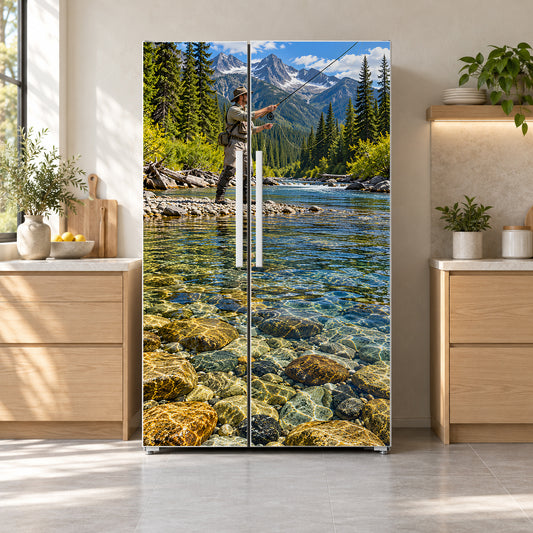 Fly Fishing Trout Stream fridge wrap on a side-by-side refrigerator
