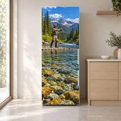 Fly Fishing Trout Stream fridge wrap on a white refrigerator in a bright kitchen