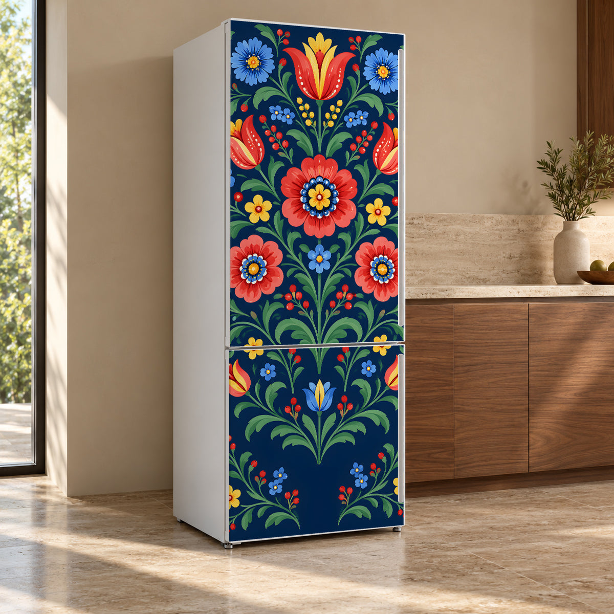 Colorful Folk Art Florals fridge wrap, refrigerator shown at an angle