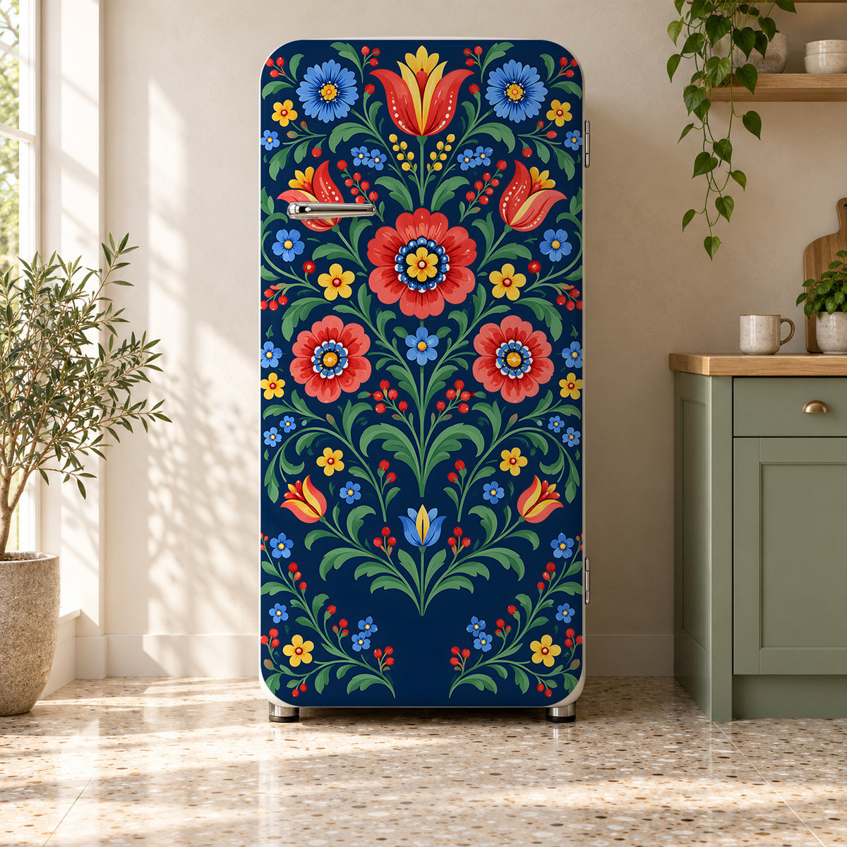 Colorful Folk Art Florals fridge wrap on a retro refrigerator