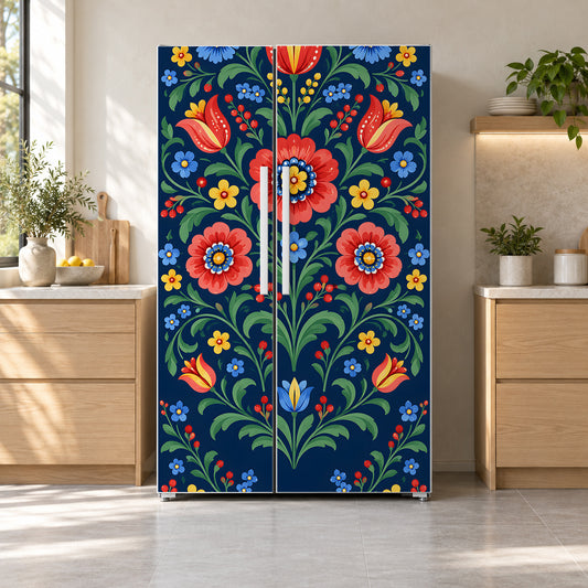 Colorful Folk Art Florals fridge wrap on a side-by-side refrigerator