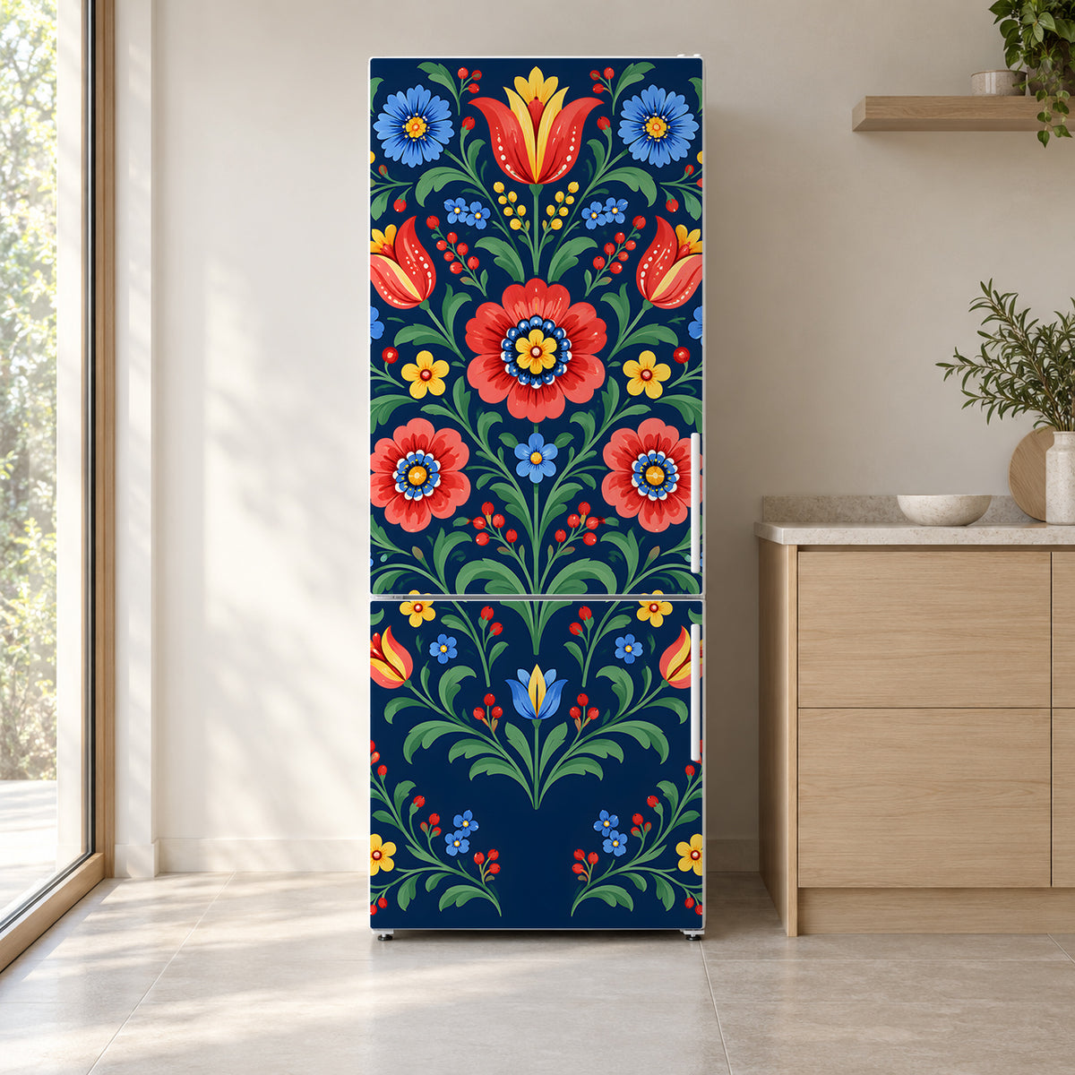 Colorful Folk Art Florals fridge wrap on a white refrigerator in a bright kitchen