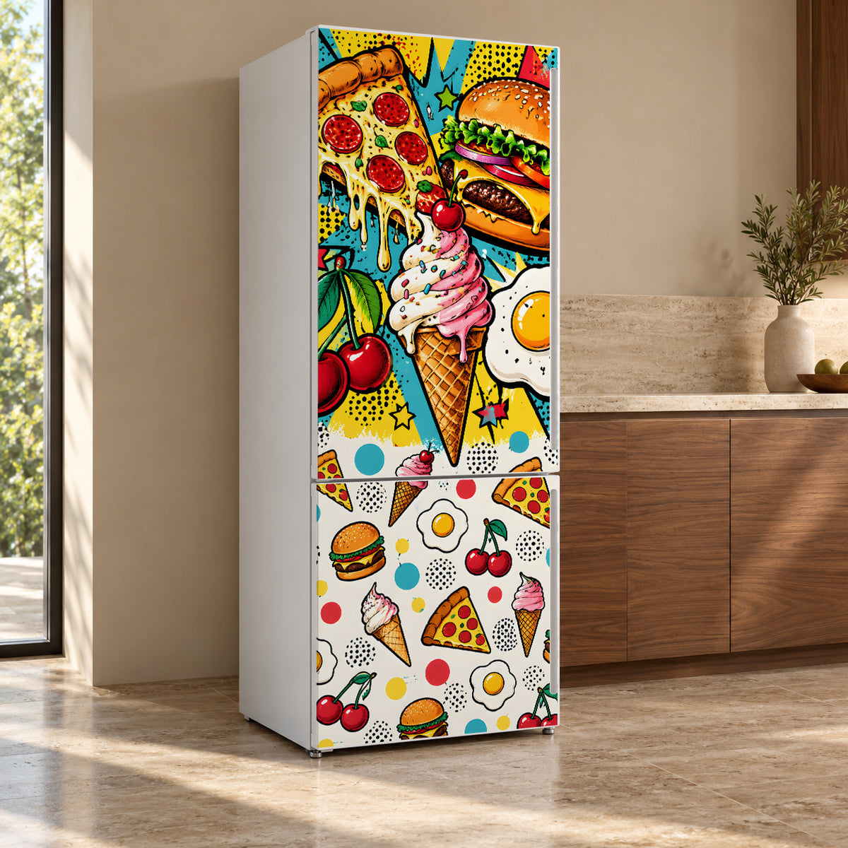 Food Pop Art fridge wrap, refrigerator shown at an angle