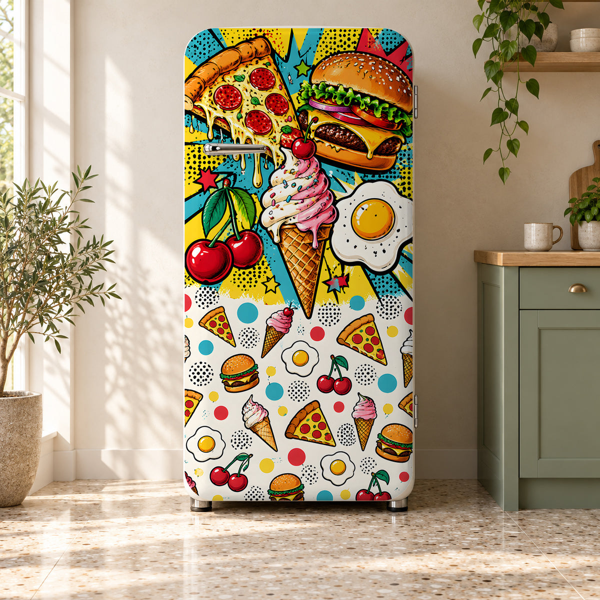 Food Pop Art fridge wrap on a retro refrigerator