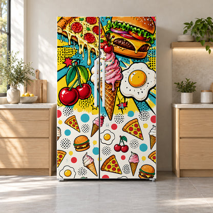 Food Pop Art fridge wrap on a side-by-side refrigerator