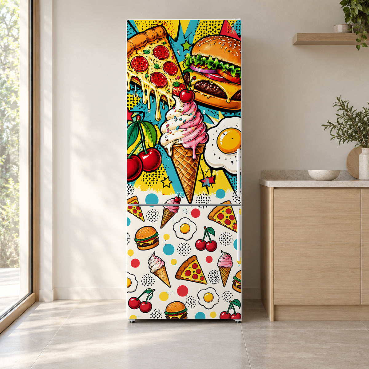 Food Pop Art fridge wrap on a white refrigerator in a bright kitchen