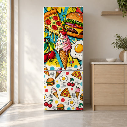 Food Pop Art fridge wrap on a white refrigerator in a bright kitchen