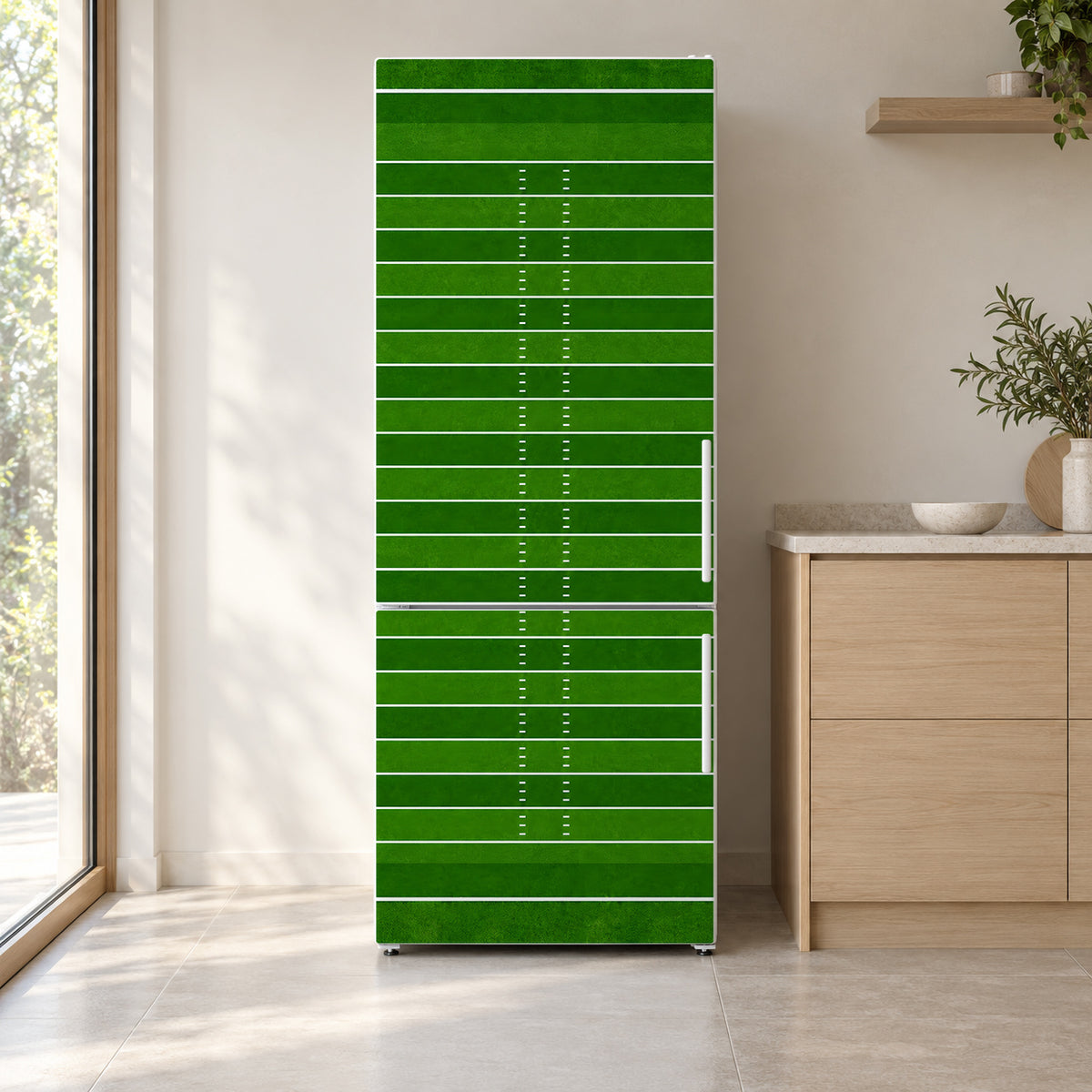 Football Field fridge wrap on a white refrigerator in a bright kitchen