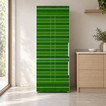 Football Field fridge wrap on a white refrigerator in a bright kitchen