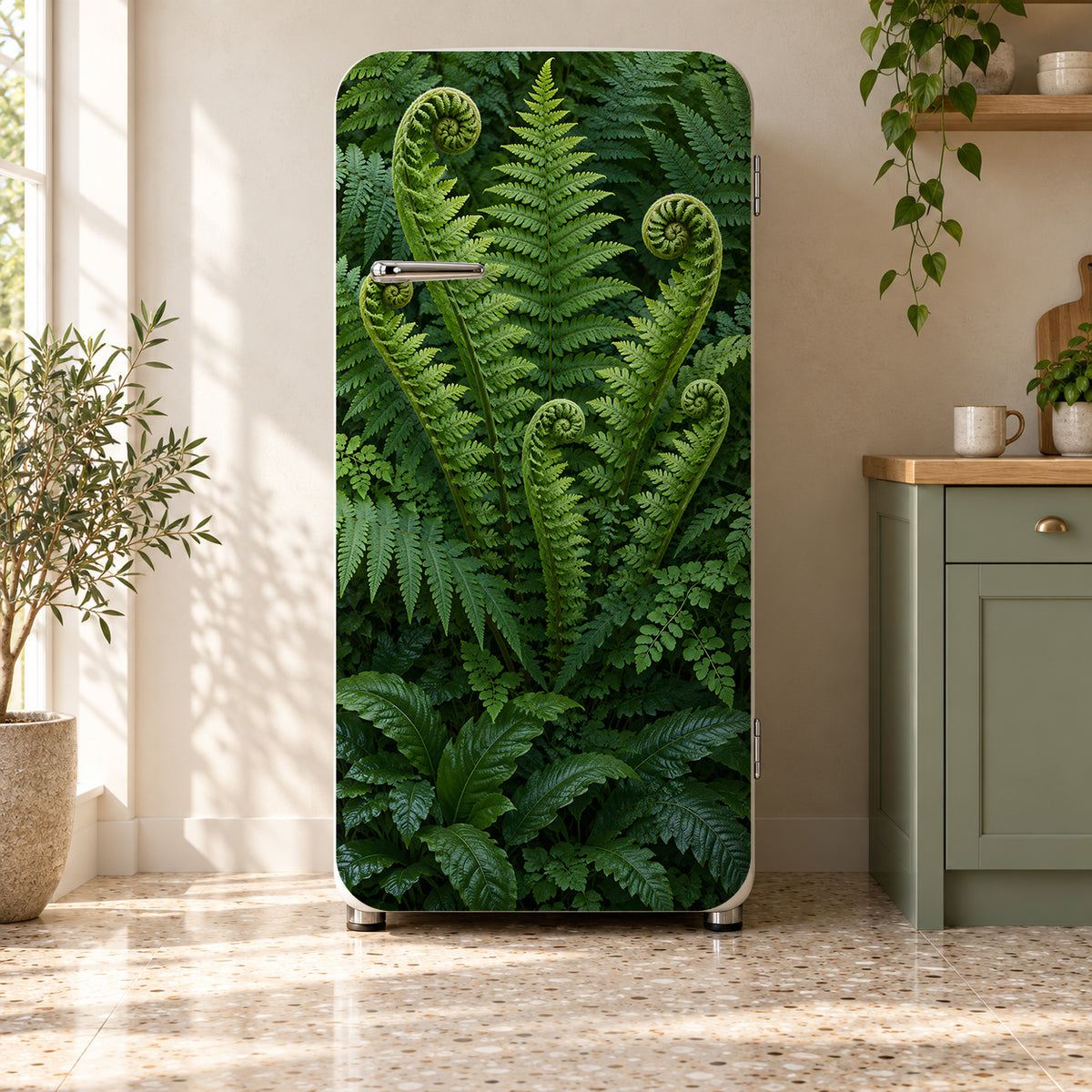 Forest Ferns fridge wrap on a retro refrigerator