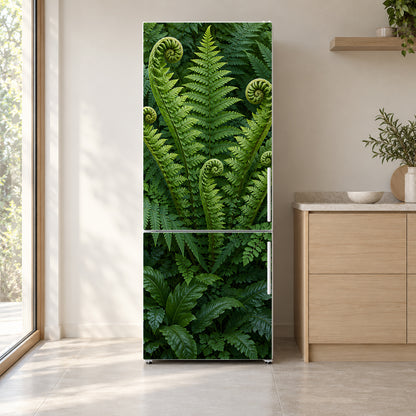 Forest Ferns fridge wrap on a white refrigerator in a bright kitchen