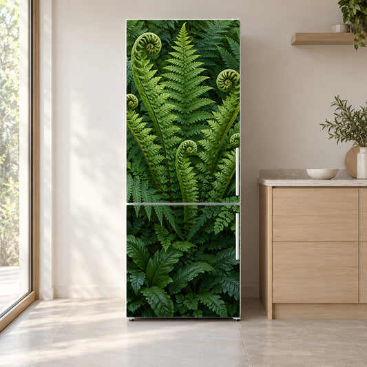 Forest Ferns fridge wrap on a white refrigerator in a bright kitchen