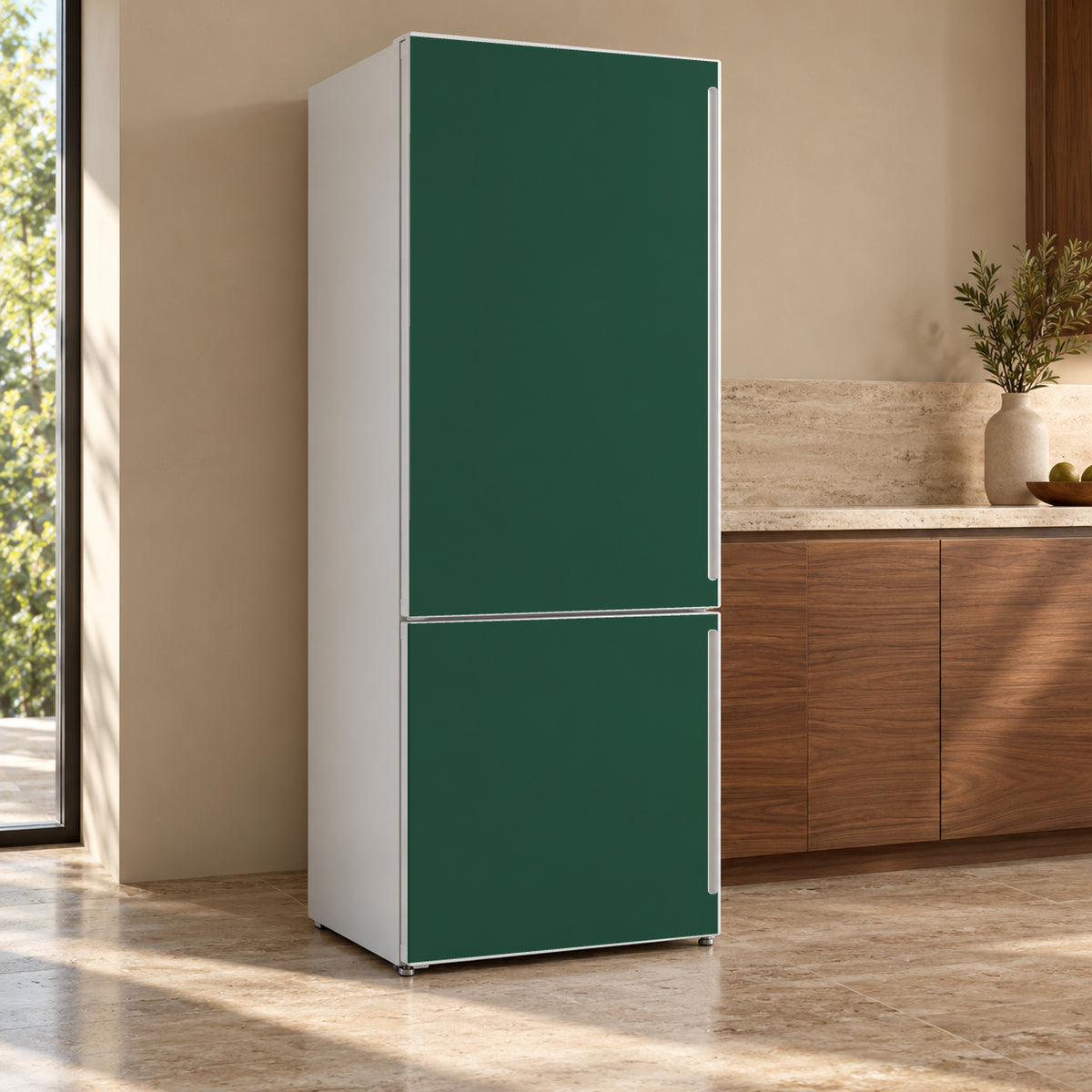 Forest Green fridge wrap, refrigerator shown at an angle