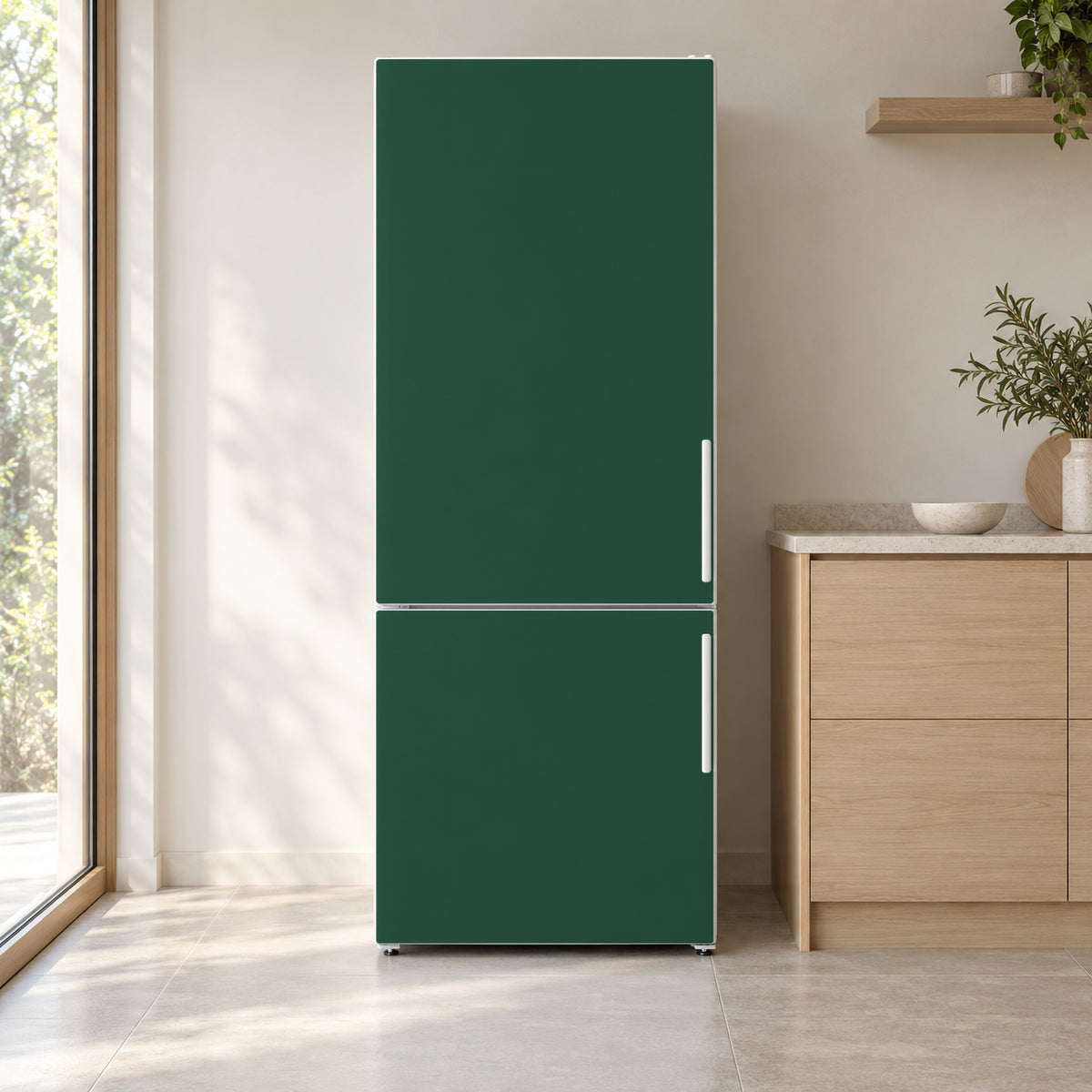 Forest Green fridge wrap on a white refrigerator in a bright kitchen