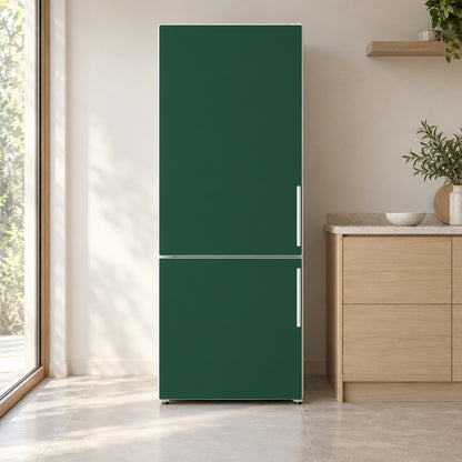 Forest Green fridge wrap on a white refrigerator in a bright kitchen