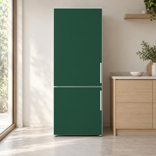 Forest Green fridge wrap on a white refrigerator in a bright kitchen