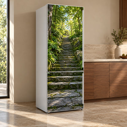 Forest Stone Staircase fridge wrap, refrigerator shown at an angle