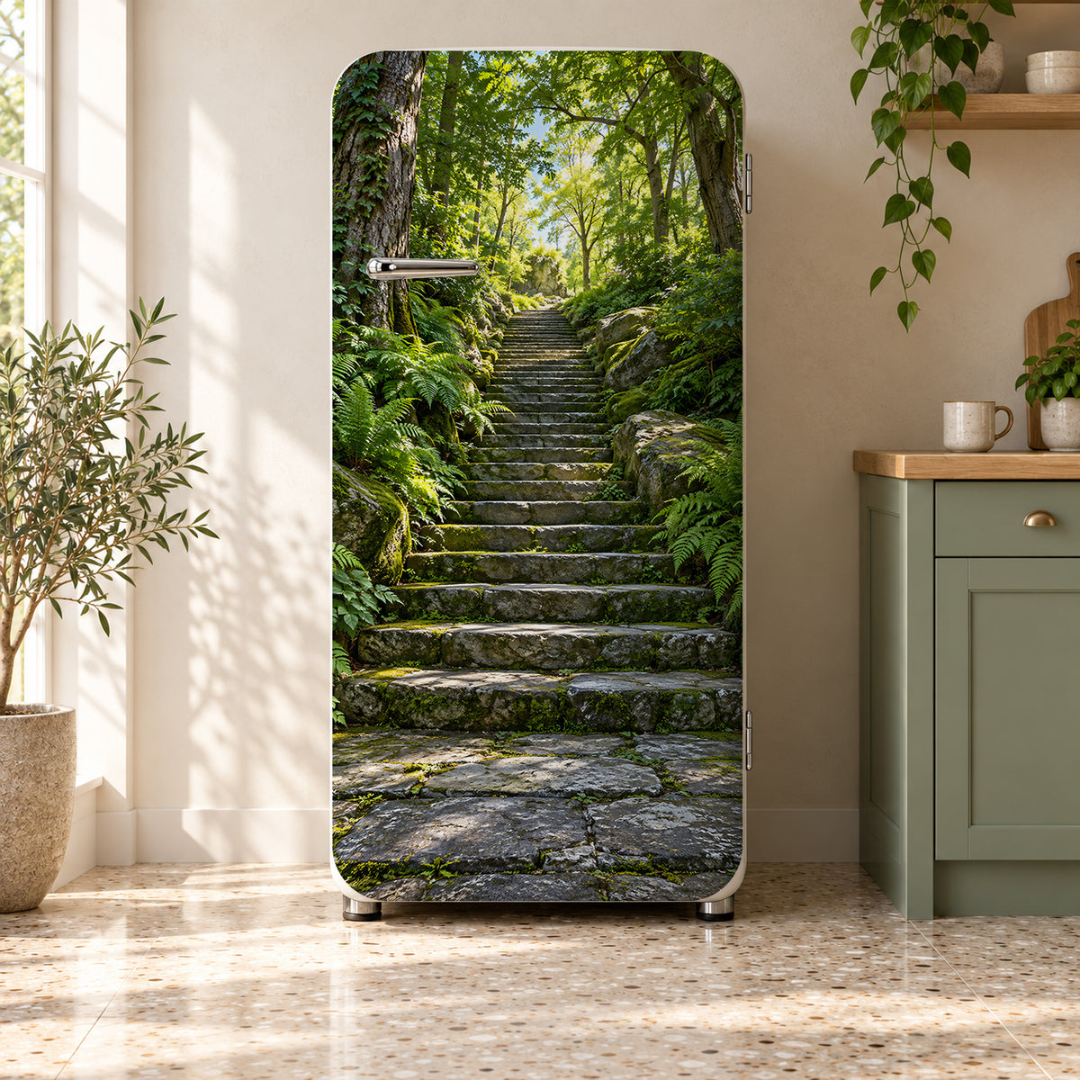Forest Stone Staircase fridge wrap on a retro refrigerator