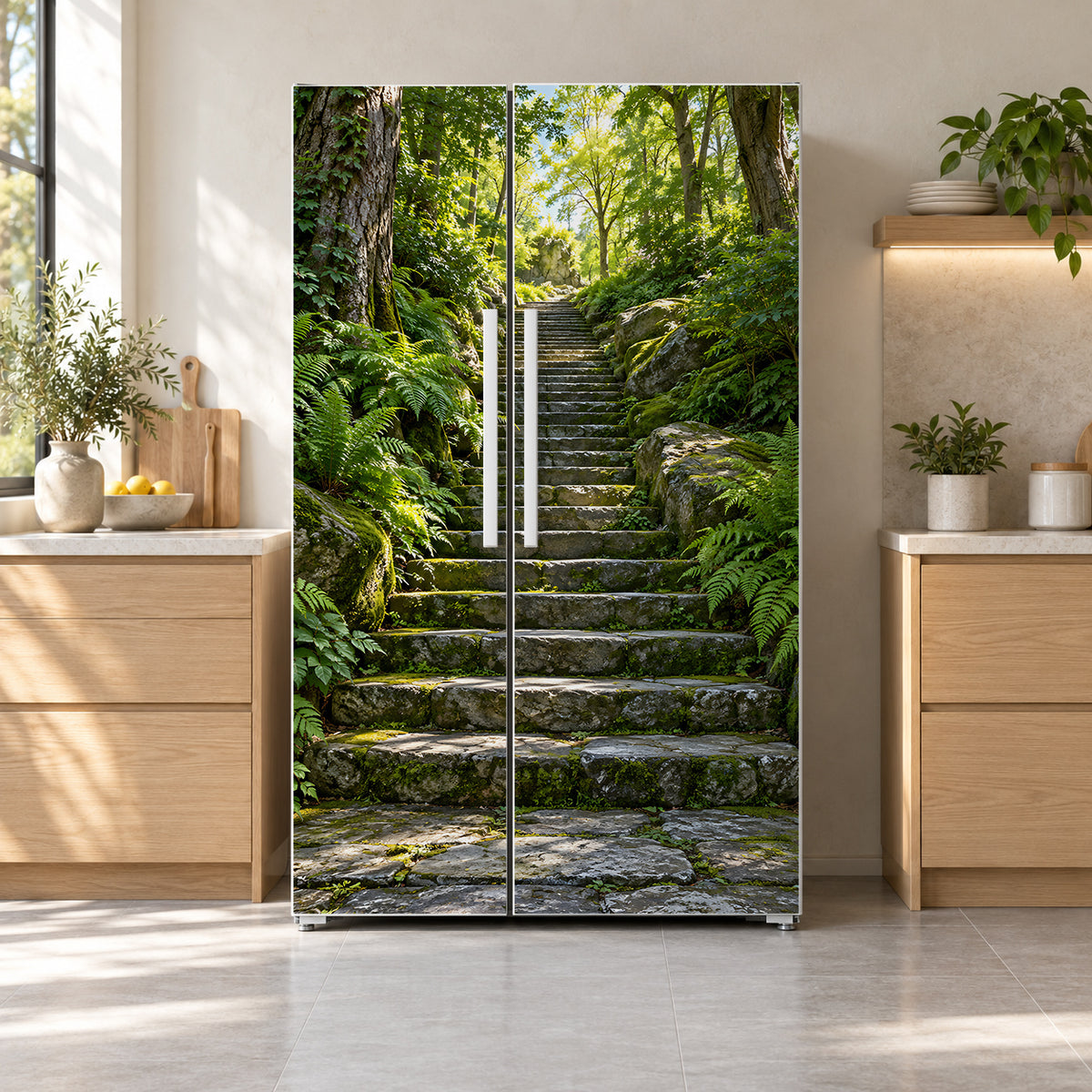 Forest Stone Staircase fridge wrap on a side-by-side refrigerator